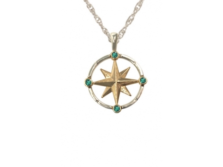 Med Compass w/Emeralds - Sterling Silver and 14ky medium compass rose with 4 emeralds, one at each cardinal direction. Chain additional.