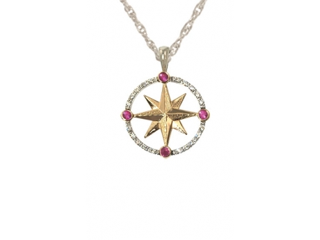 14ktt Med Compass w/Dias and Rubies - 14k white and yellow gold medium compass rose pendant with diamonds and rubies. Chain additional.