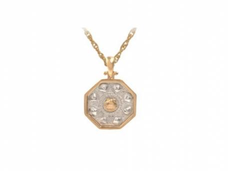 SS/14k Sailors Valentine - SS Sailors Valentine with 14k gold frame & scallop center. Measures approx 1/2" across. Chain sold separately.Travel back to the 19th century & find a tradition as romantic as the time. Sailors returned from the Caribbean to present their loved ones with elaborate collages made out of local shells set into octagonal cedar boxes. These became known as Sailors Valentines. Made here in Massachusetts.