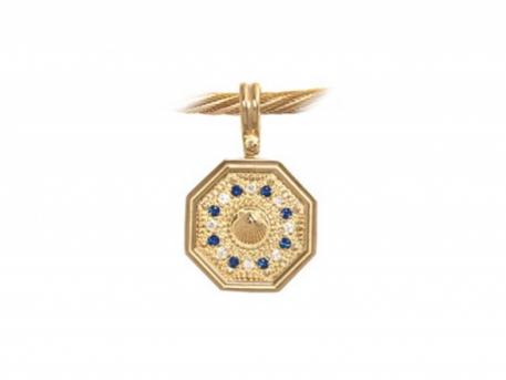 14k Sailors Valentine w/diamonds - 14k gold Sailors Valentine with 8 sapphires and 8 diamonds, scallop center. Measures approx 3/4". Chain sold separately. Also available in Ruby or Emerald. Travel back to the 19th century & find a tradition as romantic as the time. Sailors returned from the Caribbean to present their loved ones with elaborate collages made out of local shells set into octagonal cedar boxes. These became known as Sailors Valentines. Made here in Massachusetts.