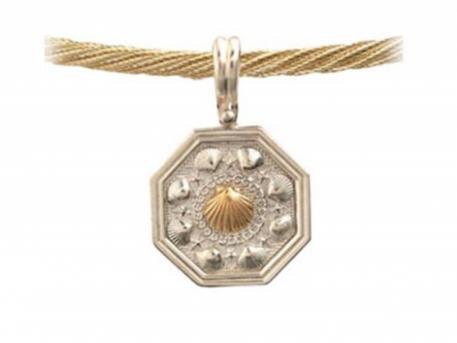 SS Sailors Valentine w/14k Scallop - SS Sailors Valentine with 14k gold scallop center. Chain sold separately. Measures approx 3/4" across.Travel back to the 19th century & find a tradition as romantic as the time. Sailors returned from the Caribbean to present their loved ones with elaborate collages made out of local shells set into octagonal cedar boxes. These became known as Sailors Valentines. Made here in Massachusetts.