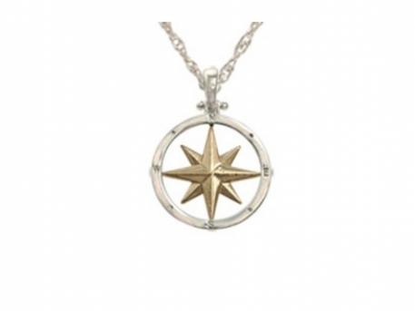 Medium Compass Rose pendant - Medium SS/14k Compass Rose Pendant. Measures just over 1/2in across. Chain sold separately. Pendant available in all gold & all silver as well.For a thousand years travelers have relied on a compass in hand and as an icon beautifully drawn on their maps, to guide them to their destination. Wear this Compass Rose as a talisman to remind you that we are not just travelers but the navigators of our destiny.Made here in Massachusetts.