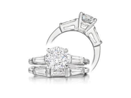 Engagement ring with Tapered Baguettes - 14k white gold with 1.21ct Ideal Cut Diamond Center stone with 1/3ct total weight diamond baguette sides. Band sold separately. SOLD - Style may be duplicated, other center stone sizes available.