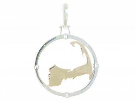 Cape Compass Large Two-Tone - Our BRAND NEW design! Large silver compass rim with 14k yellow gold Cape Cod properly oriented in the center. Measures 1in across. Made in Massachusetts. Call to order: 508-255-2944