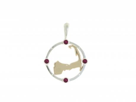 Cape Compass SM Two-Tone w/Ruby - Our BRAND NEW design! Sterling and 14ky gold Cape Compass with 4 rubies, 1 at each of the cardinal directions. Small measures 5/8in across. Call to order 508-255-2944 Made in Massachusetts.