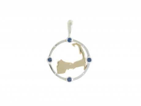 Cape Compass SM Two-Tone w/Sapphire - Sterling and 14ky gold Cape Compass with 4 Sapphires, 1 at each of the cardinal directions. Small measures 5/8in across. Call to order 508-255-2944 Made in Massachusetts.