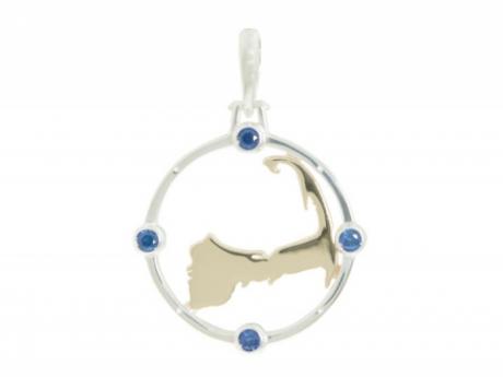 Cape Compass LG Two Tone w/Sapphire - Our BRAND NEW design! Sterling and 14ky gold Cape Compass with 4 Sapphires, 1 at each of the cardinal directions. Large measures 1in across. Call to order 508-255-2944 Made in Massachusetts.