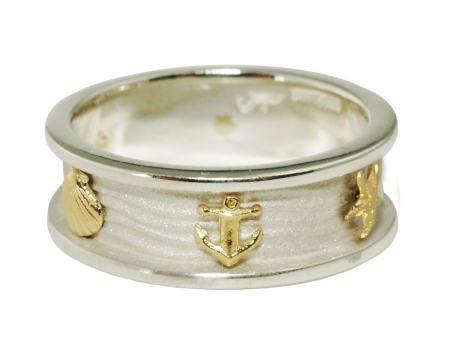 Nautical Ring - Sterling Silver ring with 14k gold anchors, scallops and starfish.