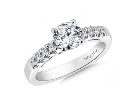 14kw Valina 1 row diamond ring - 14kw 0.92ct round brilliant center set in 6 prongs (photo shows 4) with 0.24ct total in side diamonds. Matching band also available, see R9291BW for pricing and availability.