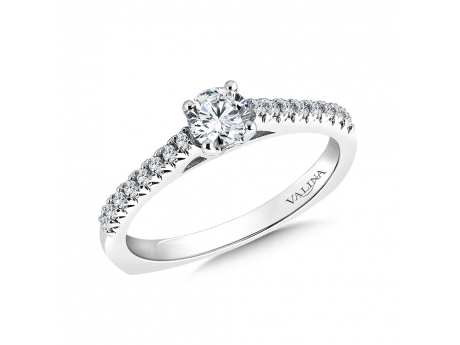14k petite single row Valina ring - 14kw petite single row diamond ring. Center is a 0.32ct round brilliant diamond, set in 6 prongs (photo shows 4), with 0.20ct total in side diamonds. SOLD