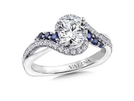Valina Sapphire and Diamond Ring - 14kw 1ct diamond center with diamond and blue sapphire accents.