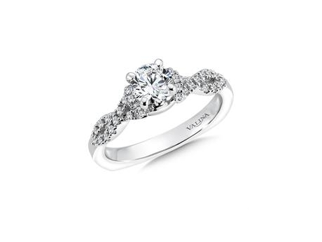 Valina Twist Infinity Ring - 14k white gold twist infinity ring with 3/4ct round diamond center (actual ring is set with 6 prongs for better security).
For more Valina designs, visit www.ValinaBridals.com