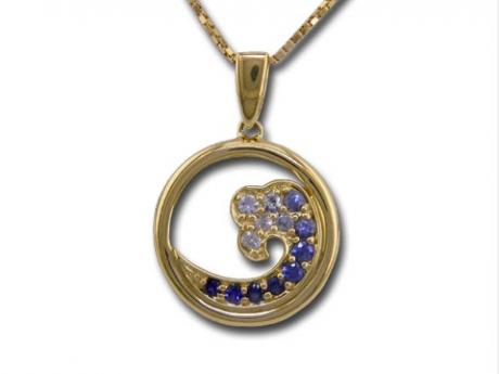 Small Sapphire Wave Pendant - 14ky gold small sapphire wave pendant. Measures 15mm across. Chain Sold separately.